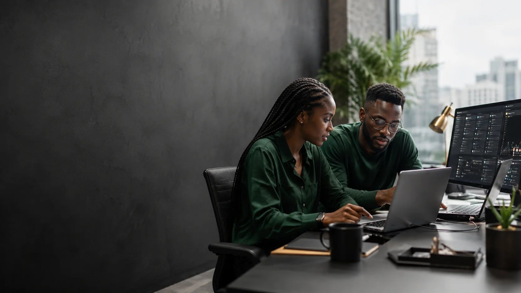 Illustrative scene of two software engineers reviewing work together