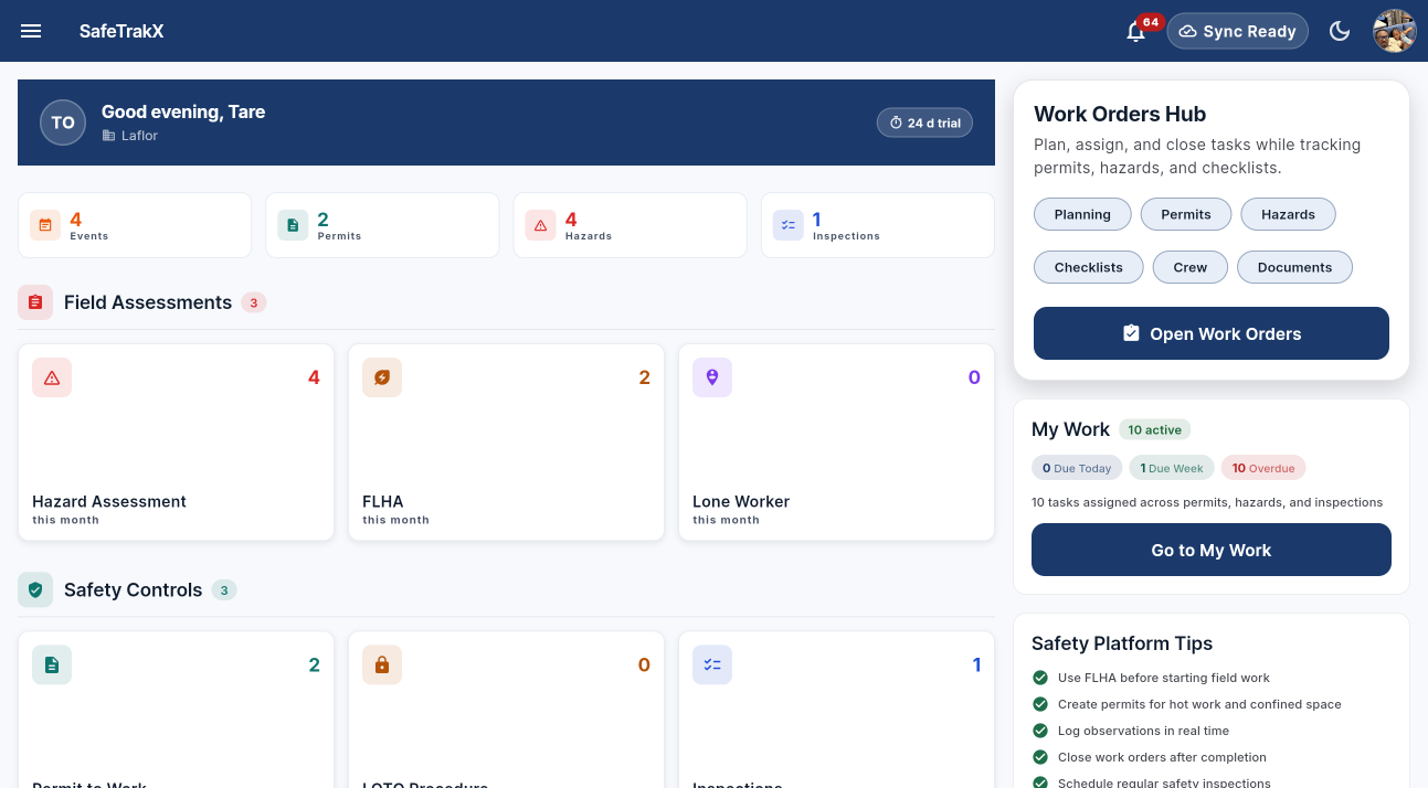 SafeTrakX product dashboard with field assessments, safety controls and a work orders hub
